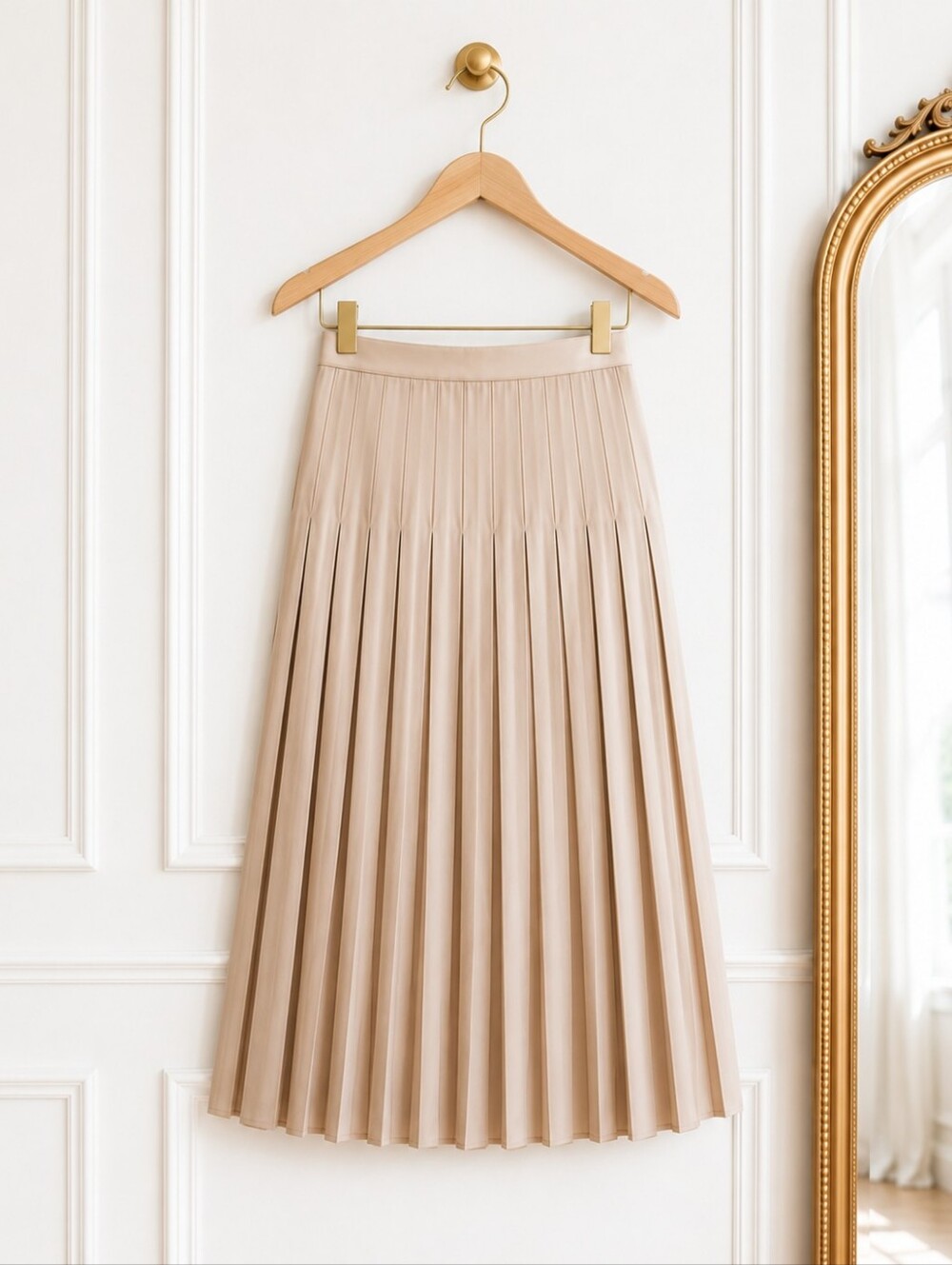 Rachel Zoe | Champagne Pleated Midi Skirt Size Medium | Satin A-Line - Picture 6 of 8